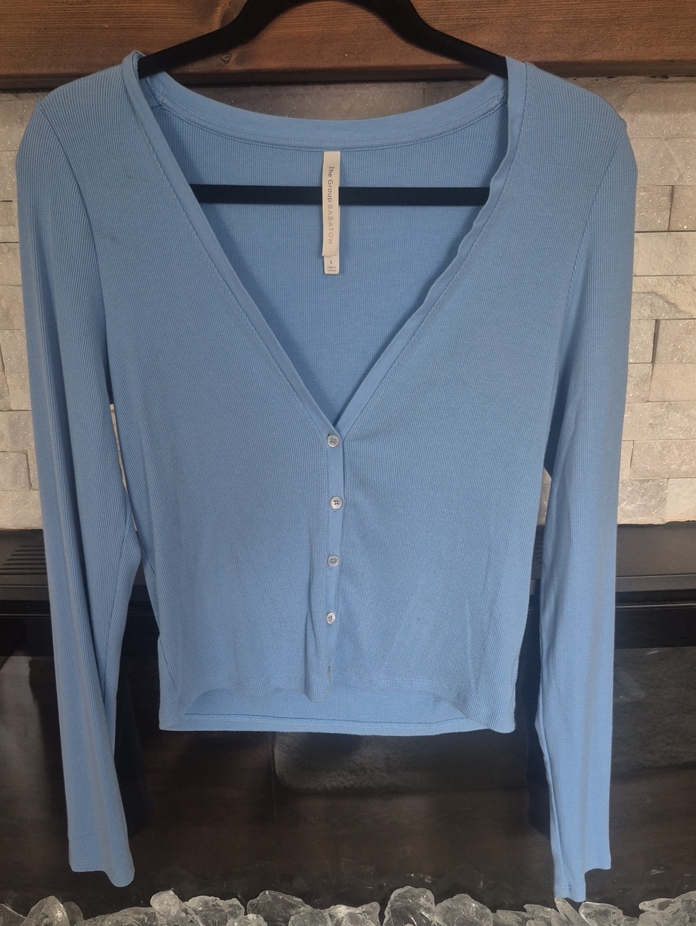 Babaton Light Blue Ribbed Long-Sleeve Button V-Neck Top